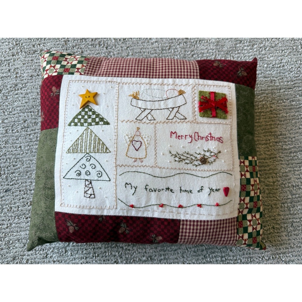 Handmade Christmas Patchwork Throw Pillow Primitive Embroidered Holiday Decor